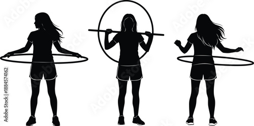 Woman hula hoop exercise silhouettes illustration, fitness workout poses set, female training activity, black white vector sport figures isolated