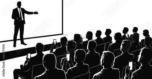 Business presentation silhouette illustration, speaker addressing audience on stage, corporate seminar conference concept, black white vector scene