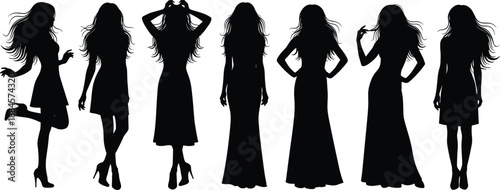 woman, female, fashion, silhouette, dress, model, elegance, style, beauty, glamour, longdress, pose, feminine, modern, design, vector, illustration, collection, black, isolated