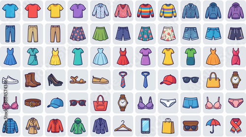 Colorful Fashion Item Grid – 50+ Apparel and Accessory Icons in Diverse Styles for Clothing Catalogs, Retail UI, and Style Education Use