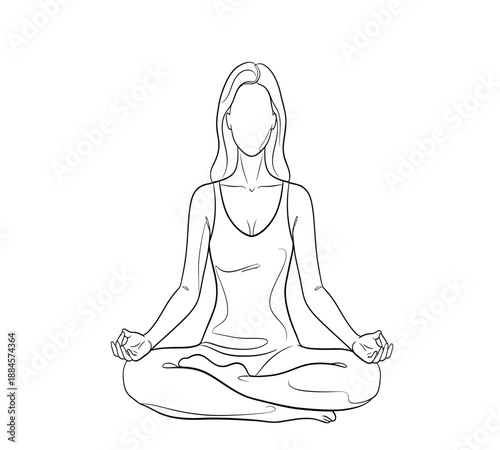 A simple line drawing depicts a woman peacefully meditating in the lotus position