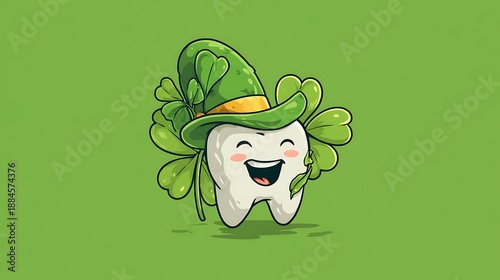 A smiling tooth character wearing a leprechaun hat with clovers
