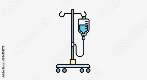 Medical iv drip stand with blue infusion bag on wheels in hospital setting for patient treatment