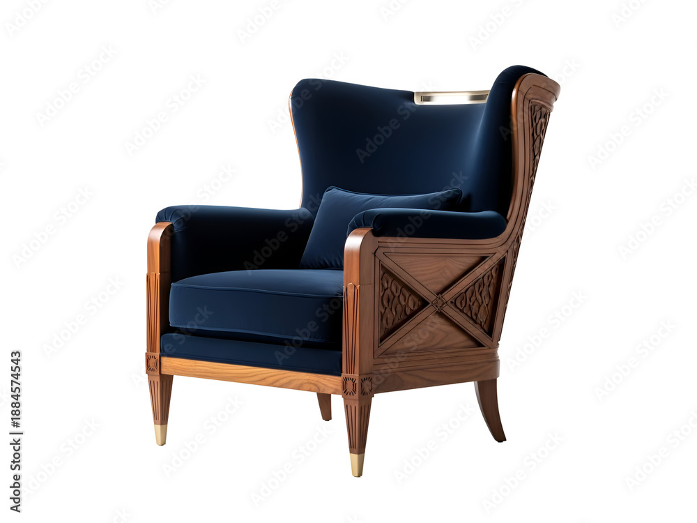 Obraz premium Luxurious Navy Velvet Armchair with Carved Wooden Frame & Brass Accents Isolated on Transparent Background