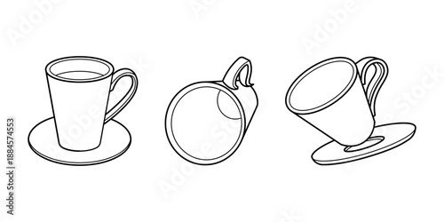 Cup and Mug Outline Icon Set in Different Angles