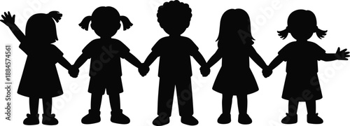 Children holding hands silhouette illustration, kids friendship unity concept, group of happy children, black white vector figures isolated