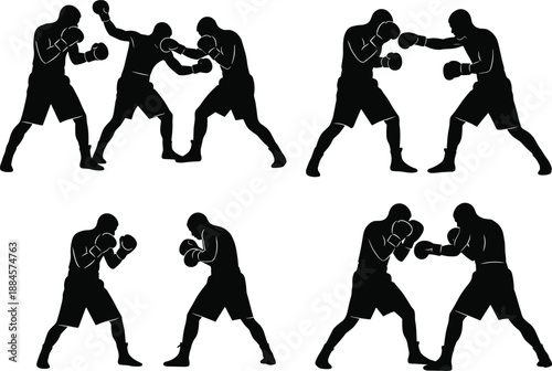 Professional Boxing Match Silhouette Vector Collection Featuring Fighters in Dynamic Action Poses Including Punching Guarding and Sparring for Combat Sports Design and Fitness Graphics