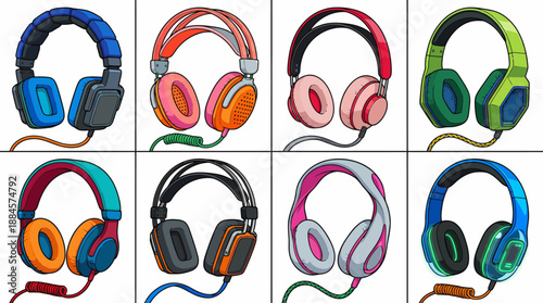 Colorful Over-Ear Headphone Vector Set – 8 Stylish Wired Designs with Padded Ear Cups for Music, Fashion, and Audio Branding Use