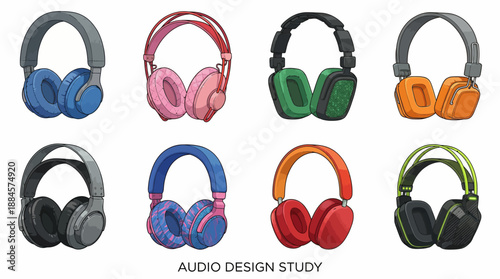 Colorful Over-Ear Headphone Vector Set – 8 Stylish Wired Designs with Padded Ear Cups for Music, Fashion, and Audio Branding Use