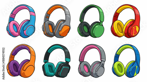 Colorful Over-Ear Headphone Vector Set – 8 Stylish Wired Designs with Padded Ear Cups for Music, Fashion, and Audio Branding Use