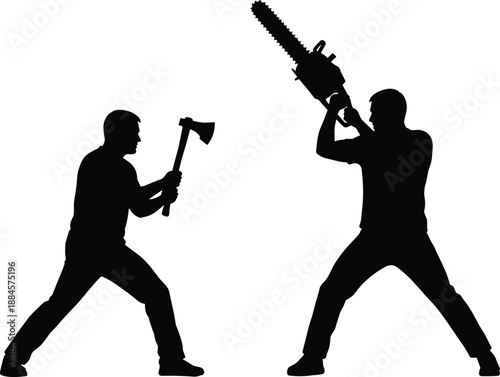 conflict confrontation silhouette violence danger fight aggression weapon axe chainsaw threat battle tension risk power fear dramatic