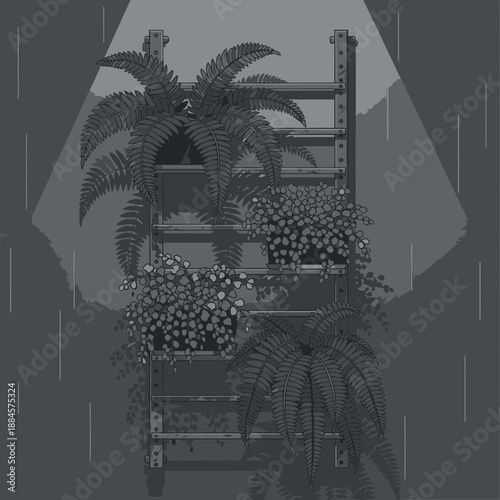 Moody Flat Grey Vector Art of Metal Vertical Rack with Ferns in Rainy Weather