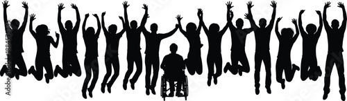 diversity inclusion teamwork unity silhouette people jumping celebration community equality disability wheelchair happiness togetherness support freedom