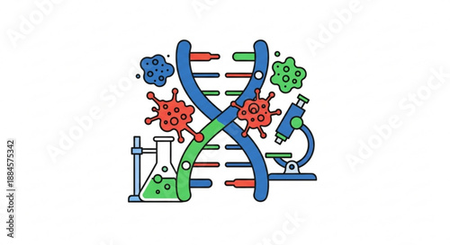 Viral dna helix with microscope test tubes and virus particles in a laboratory setting for science and research