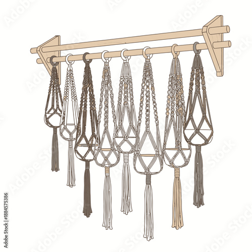 Simple Vector Drawing of Wooden Dowel Rack Holding Macrame Plant Hangers