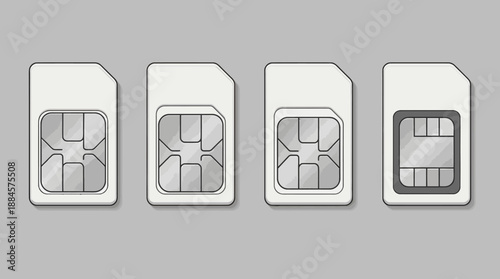 SIM Card Format Comparison Grid – 4 Labeled Icons of Standard, Micro, Nano, and Embedded SIMs for Mobile Device and IoT Reference Use