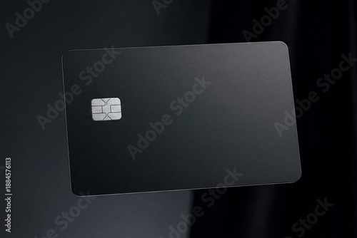 Blank black magnetic card with a chip floating on a dark background
