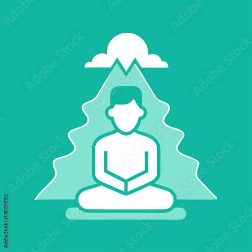 Hiker meditating serenely beside a flowing waterfall, flat illustration style