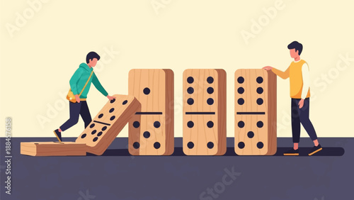 Two people interact with large wooden dominoes in a minimalist illustration