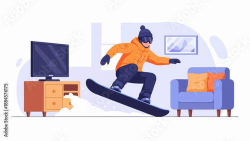 Snowboarder rides indoors past furniture, TV, and artwork