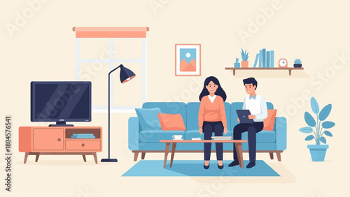 Two people sit on a sofa in a living room with a TV and plant