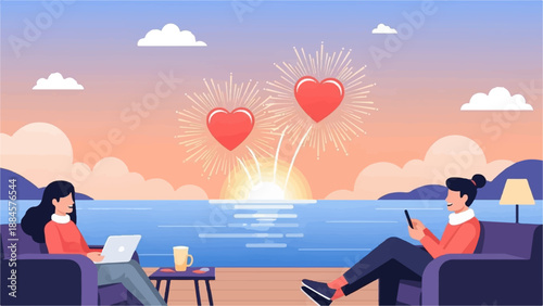 Two people relax by the water watching heart-shaped fireworks at sunset