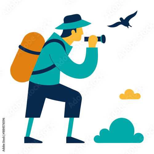 Hiker observes birds with binoculars, simple flat style vector art