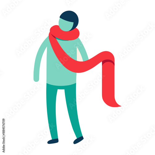 Man wrapping scarf around neck on a hike, flat graphic style