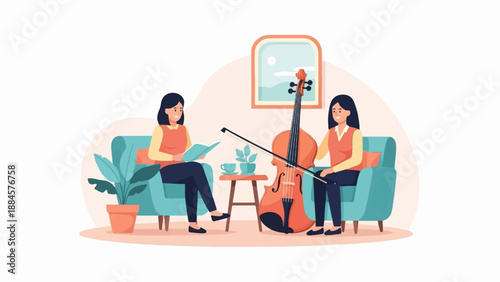 Two women enjoying leisure time indoors with music and reading