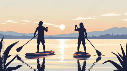 Two silhouettes paddleboard on a calm lake at sunset, with distant mountains