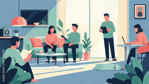 People relax indoors, reading, working, and socializing in a bright, modern room