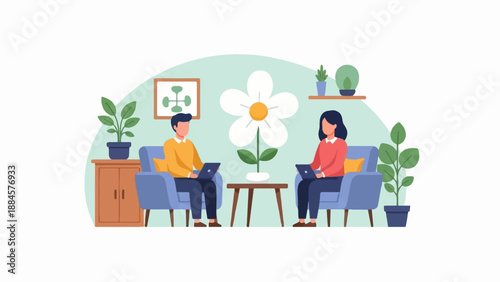 Two people sit in chairs, each with a laptop, in a room with plants