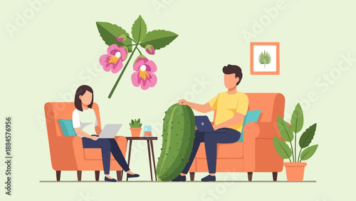 Two people work on laptops near houseplants and a giant pickle