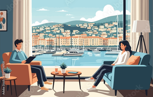 People relaxing by a sunlit harbor with a picturesque coastal town backdrop