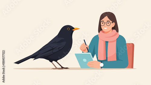 Person wearing glasses and a scarf draws on a tablet with a bird nearby