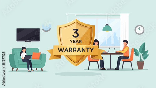 People working near a large shield indicating a three-year warranty