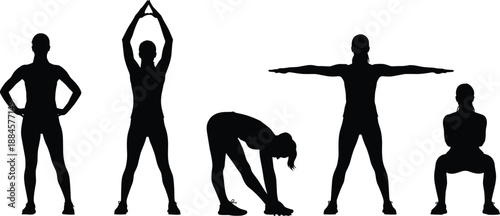 Fitness stretching silhouettes set illustration, workout exercise poses collection, yoga warm up routine, black white vector training figures
