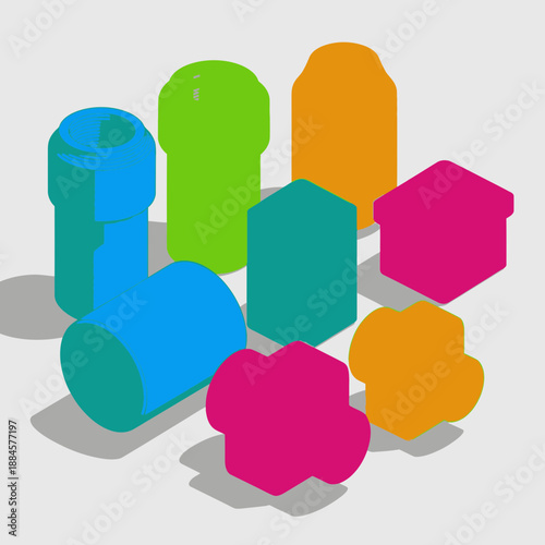 Vector Design of 3D Printed End Caps in Bright Colors for Hydroponic Pipes