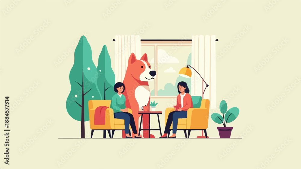 Fototapeta premium Two people and a dog in a cozy room with plants