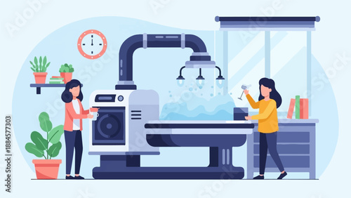 People operate automated machine for processing liquids in a modern workspace