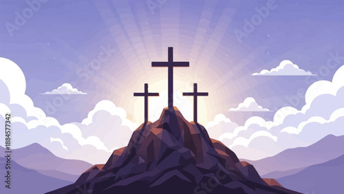 Three crosses on a rocky hill beneath a glowing sky