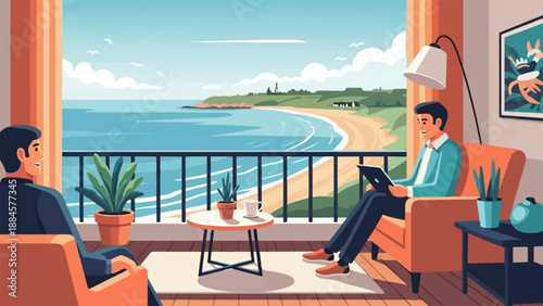 Two men enjoying a peaceful seaside view from a balcony, one with a tablet