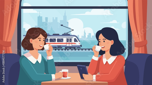 Two women enjoy coffee and conversation on a train ride overlooking a city