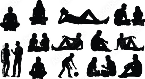 People silhouettes in relaxed poses, sitting, lying down, talking, and playing, collection of casual human figures isolated on white background for vector design,
