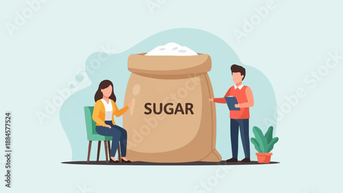 Two people examine a large sack of sugar, one seated, the other standing