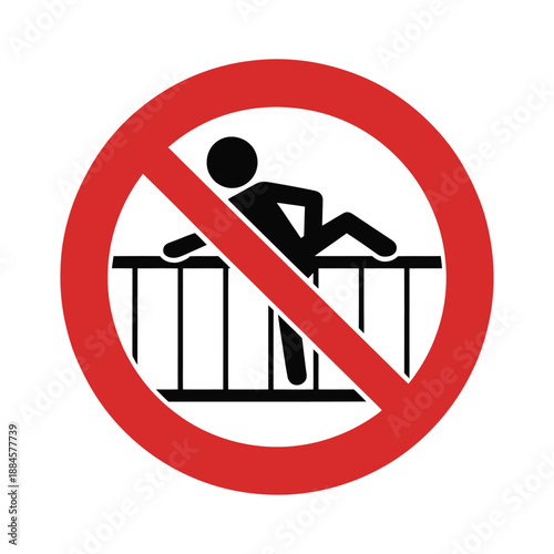 Do not lean on barrier sign. red circle with crossed line over person leaning on a fence on transparent background