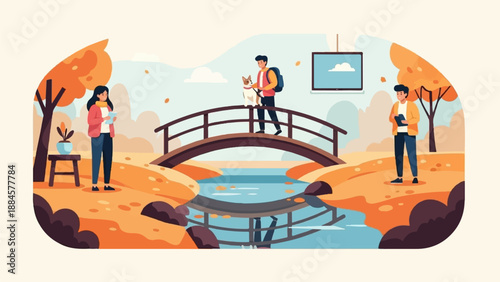 People and dog walk on a bridge over water in an autumn landscape