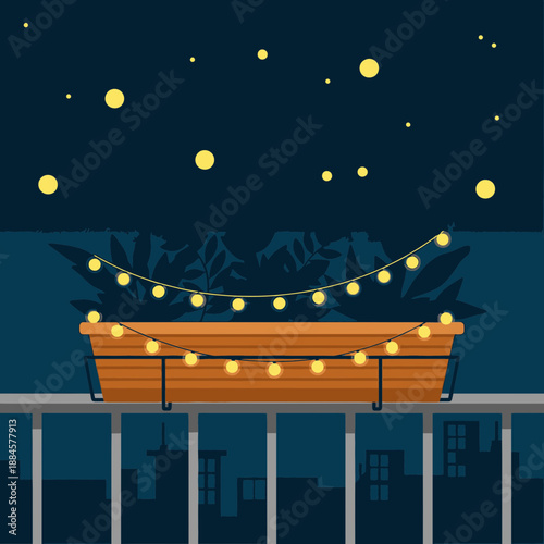 Vector Graphic of Balcony Garden at Night with Fairy Lights on Wooden Planter