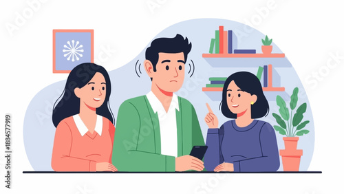 Two women talk to a man ignoring them while on his phone