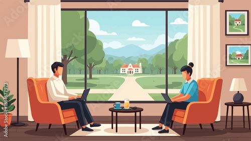 Two individuals in cozy chairs work on laptops with a scenic countryside view